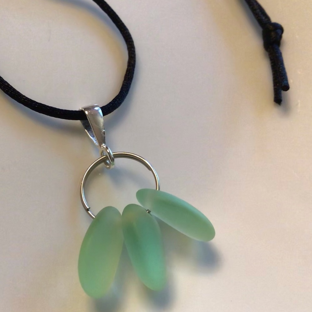 ARTISAN Sea Green Beach Glass Sterling Bail Necklace on Black Satin Cord - Picture 1 of 5